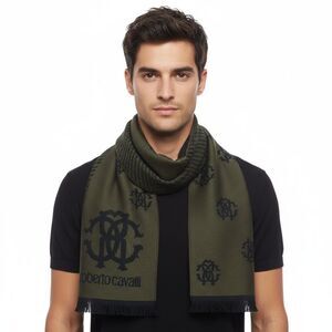 Roberto Cavalli Military Green Crest Logo Pattern Mens Wool Scarf